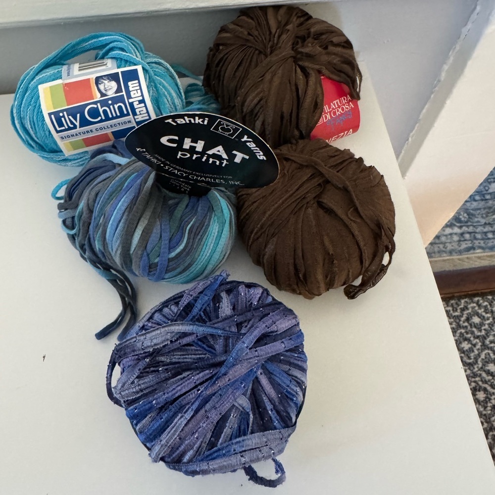 Lily Chin and Tahki Multicolor Blue Brown Knit Crochet Handmade Cozy Yarn Bundle